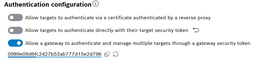 Authentication configuration with gateway security token enabled and generated token shown