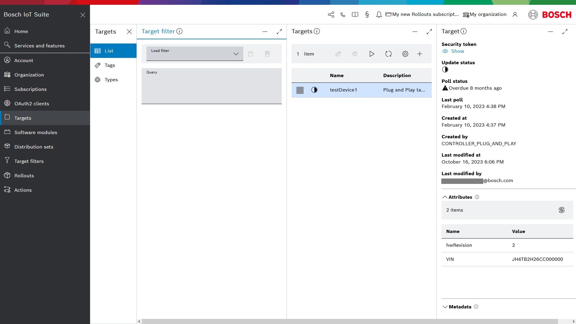 Target details Attributes tab showing hwRevision and VIN values