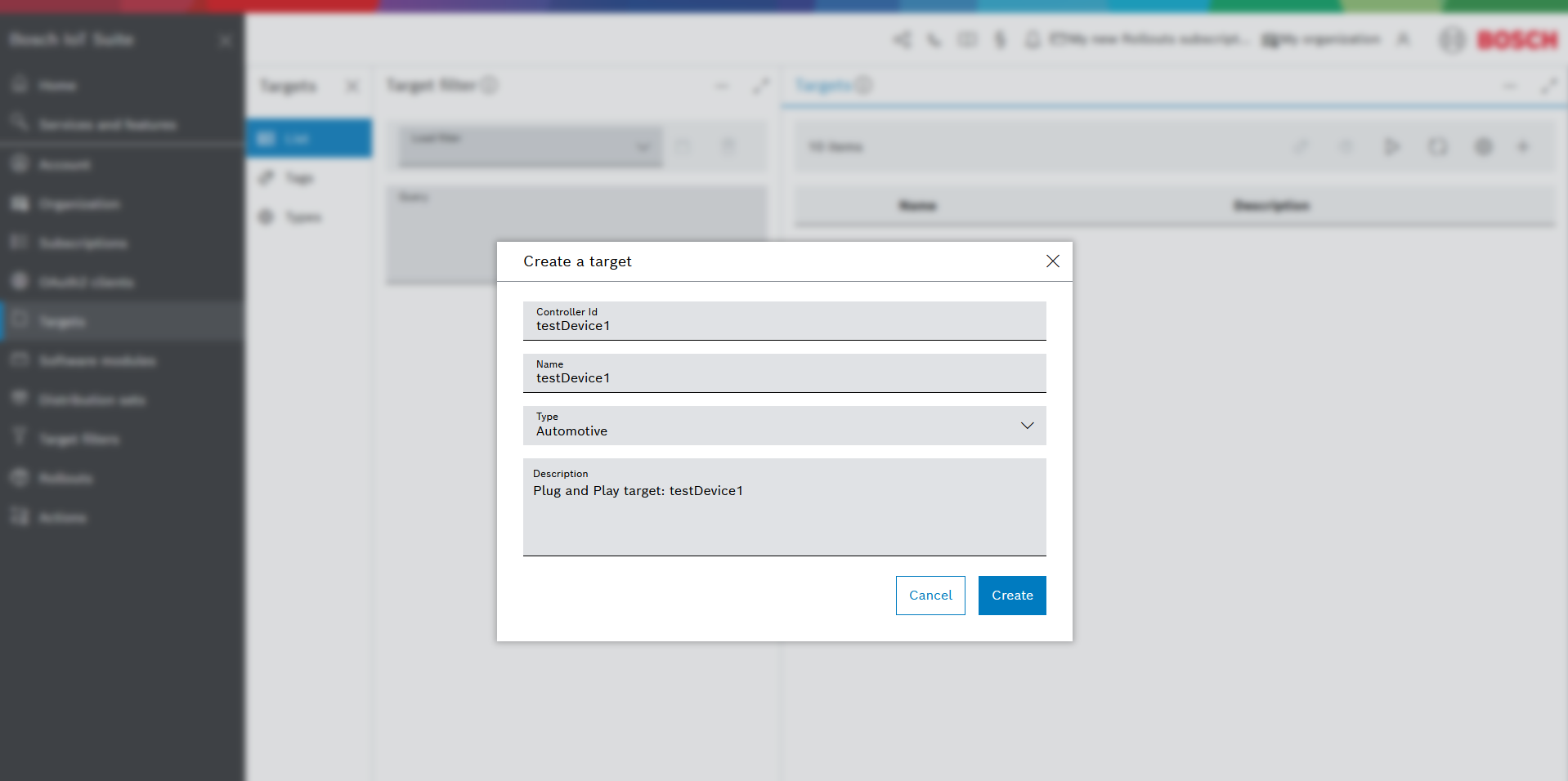 Create a target dialog with Controller Id, Name, Type, and Description fields