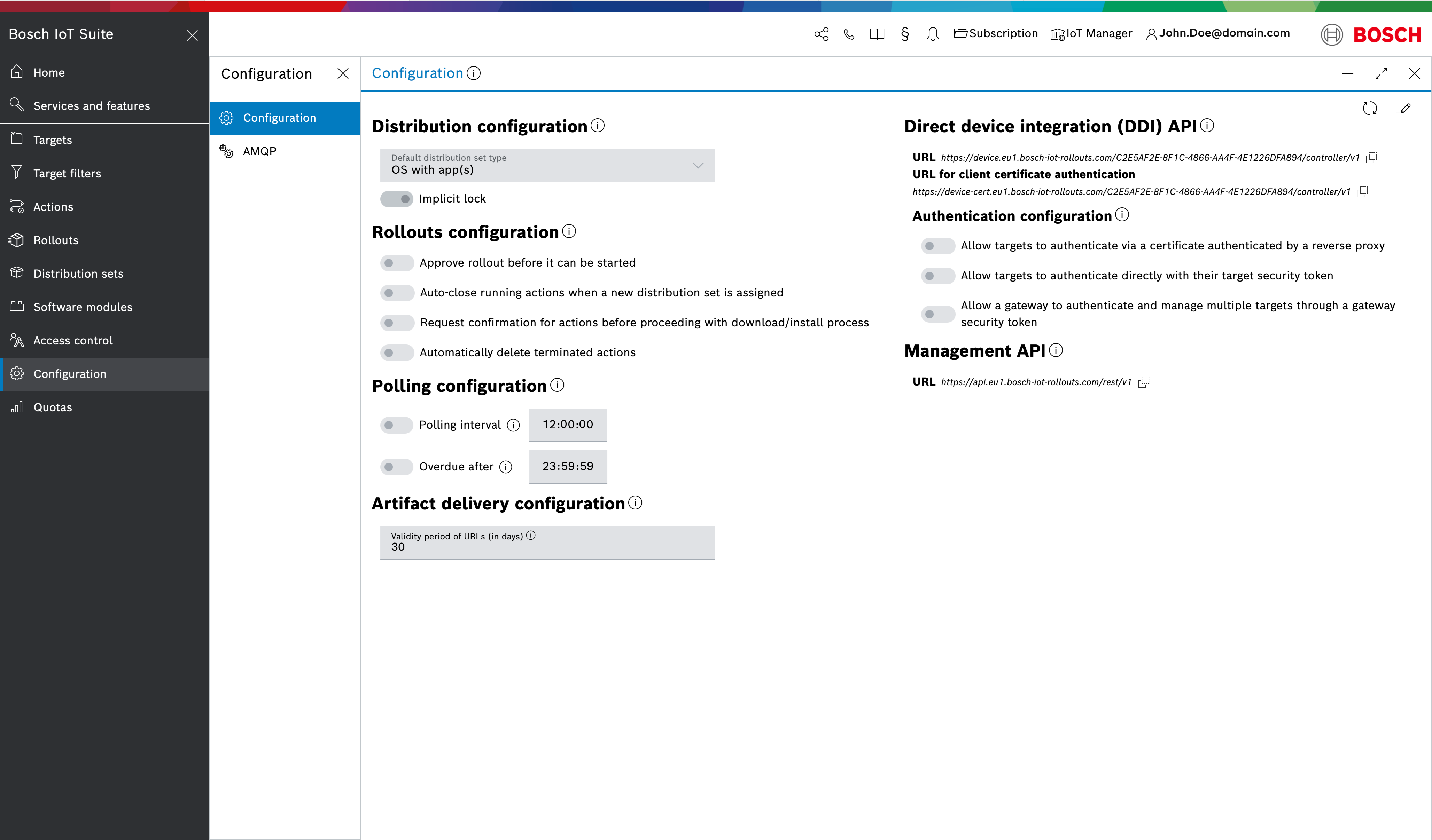 Configuration UI feature with authentication configuration settings