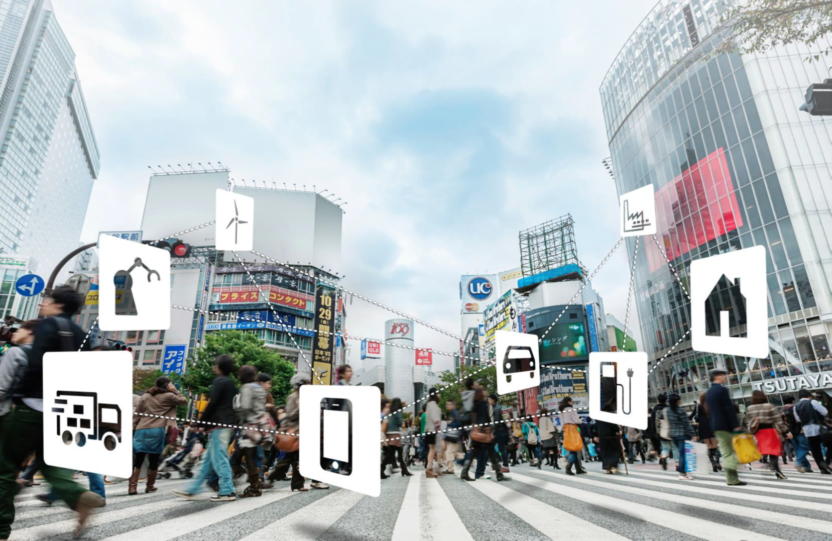 Connected IoT devices overlaid on a city street scene