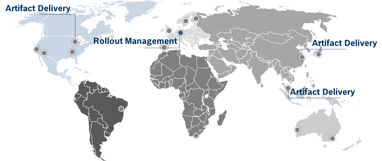 World map showing global artifact delivery locations and rollout management in Europe