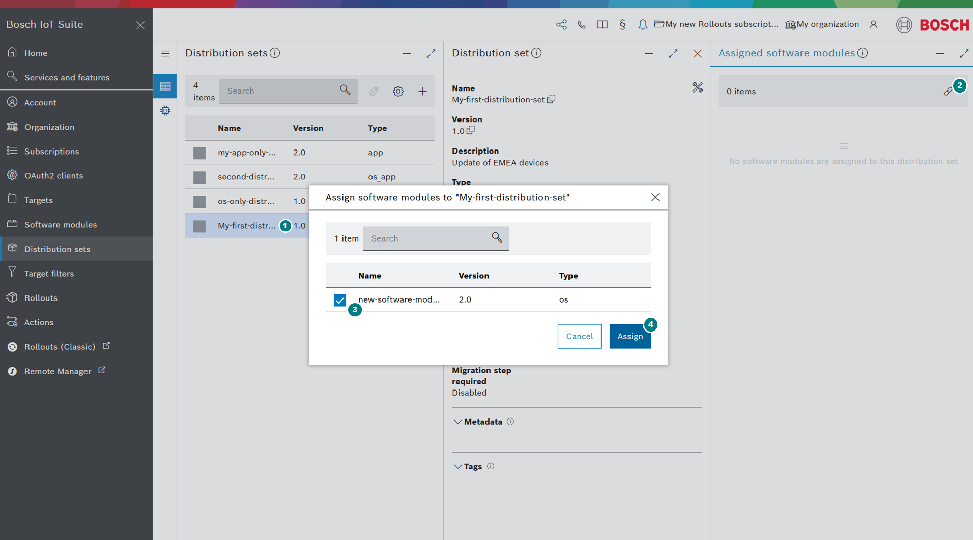 Assign software modules dialog for a distribution set