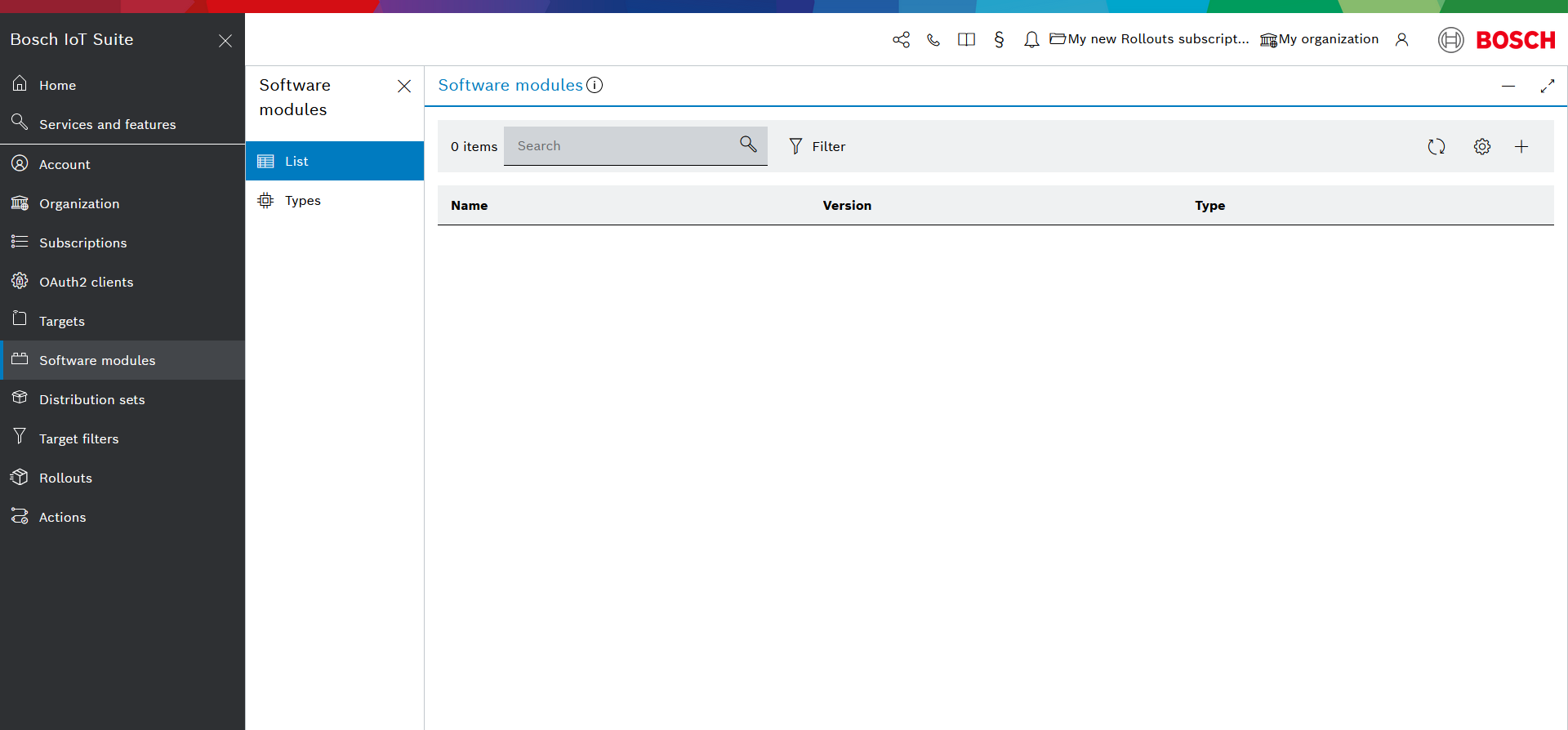 Software modules list with the plus icon to create a module