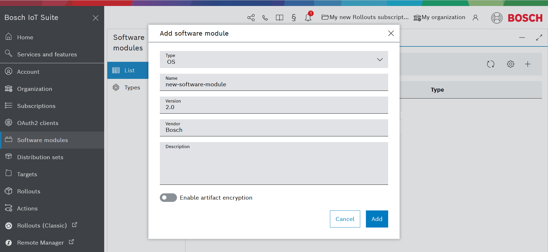 Add software module dialog