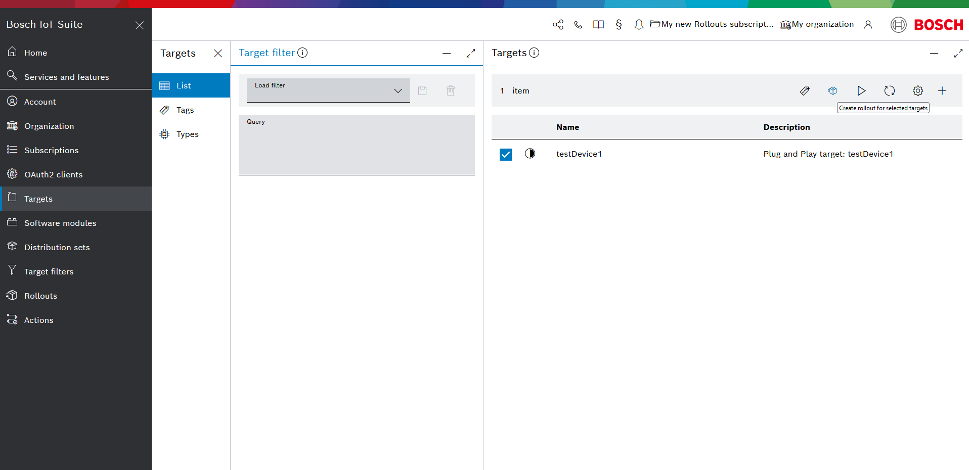 Targets list with a target selected and the Create rollout for selected targets tooltip
