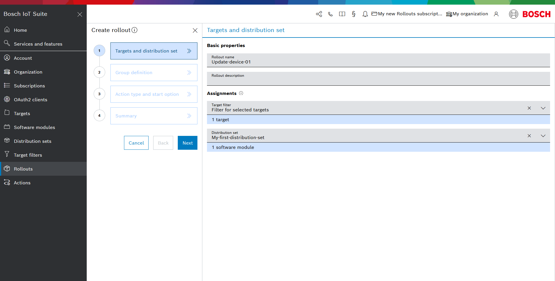 Create rollout wizard, Targets and distribution set step