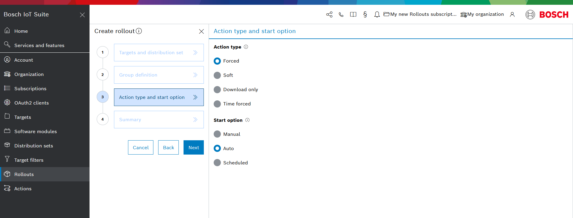 Create rollout wizard, Action type and start option step with Forced and Auto selected