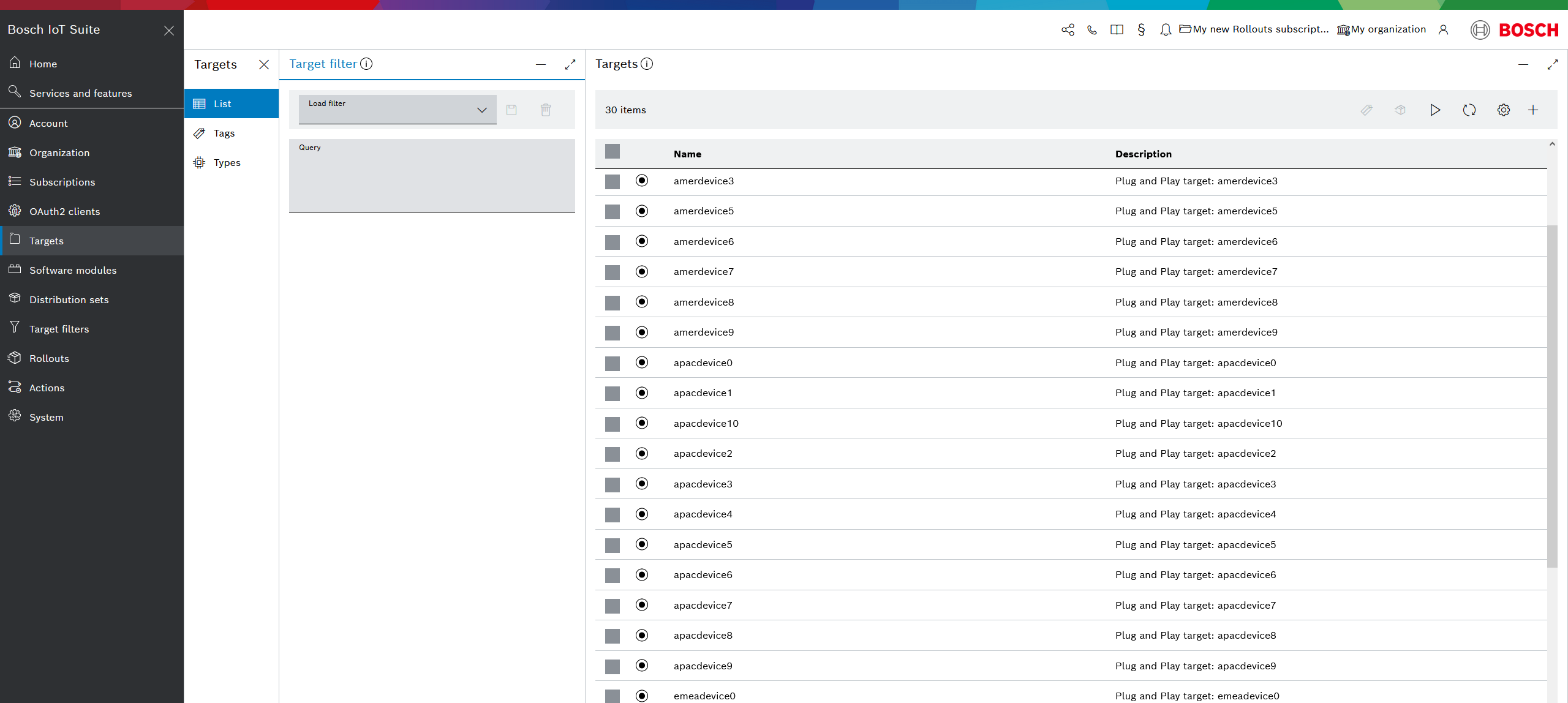Targets list with the Target filter panel