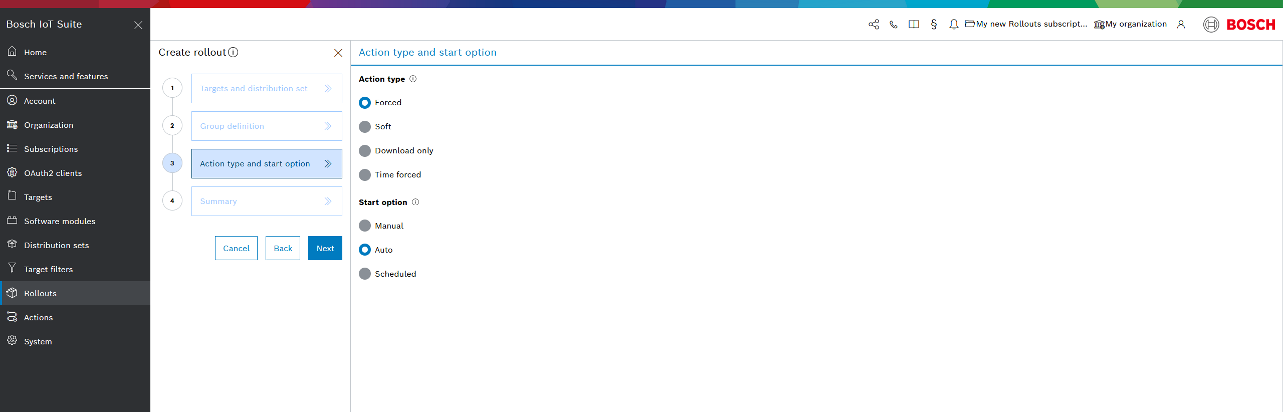 Create rollout wizard, Action type and start option step with Forced and Auto selected