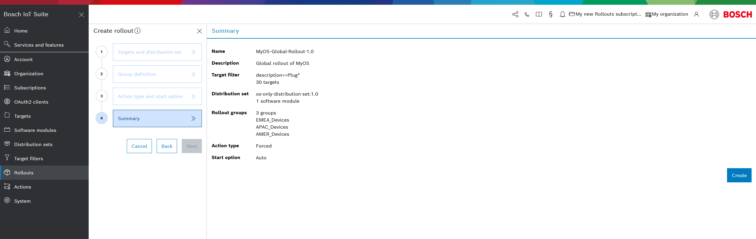Create rollout wizard, Summary step