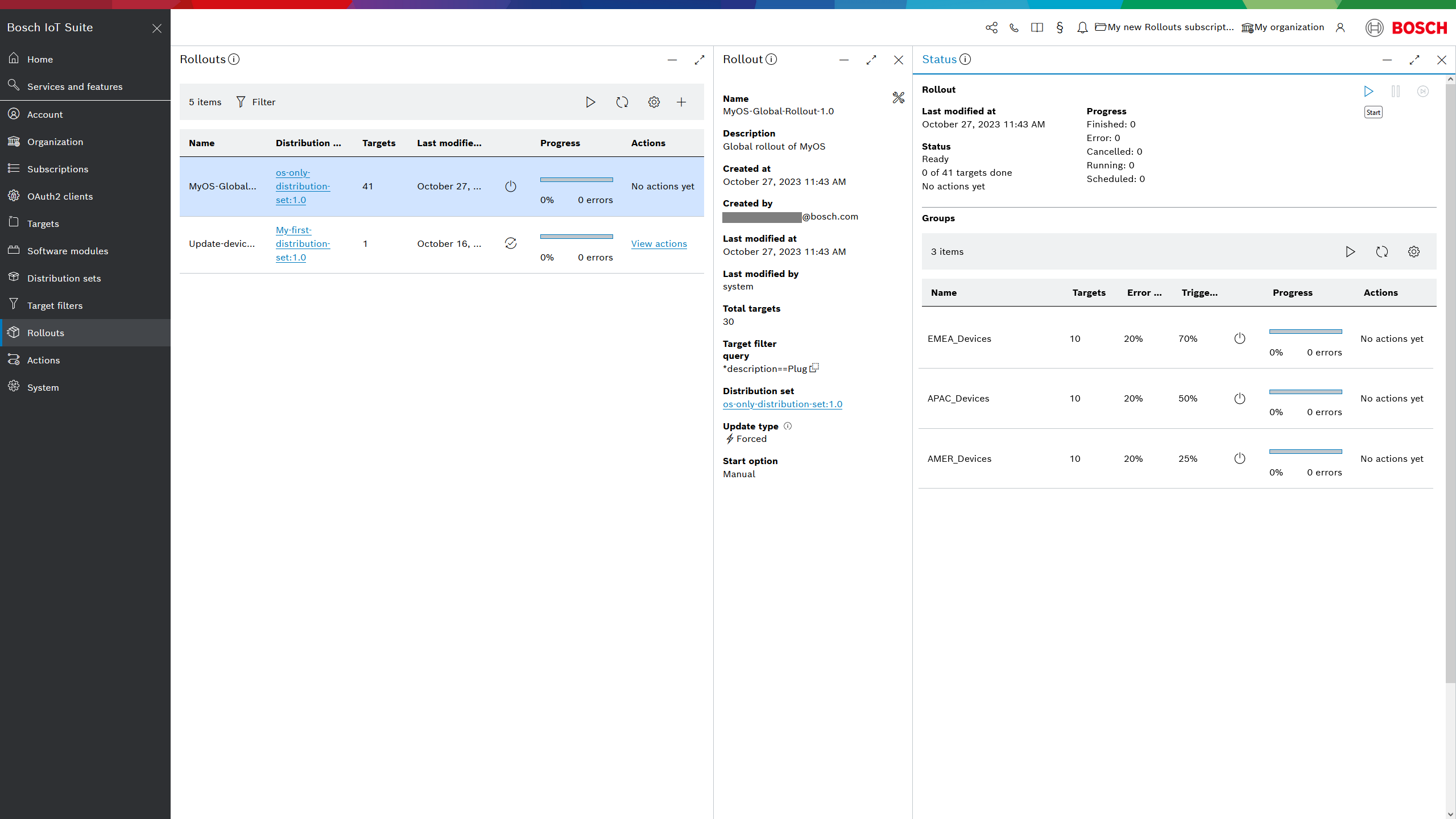 Rollout Status view showing the three rollout groups and their progress