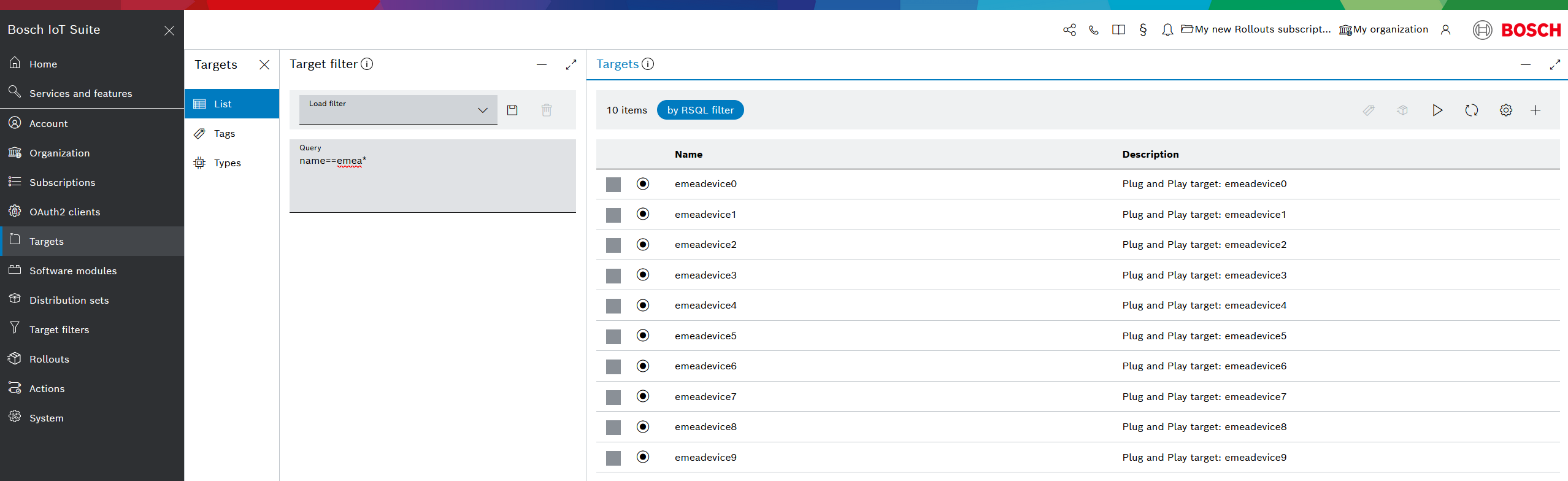 Target filter query name==emea* applied to the Targets list