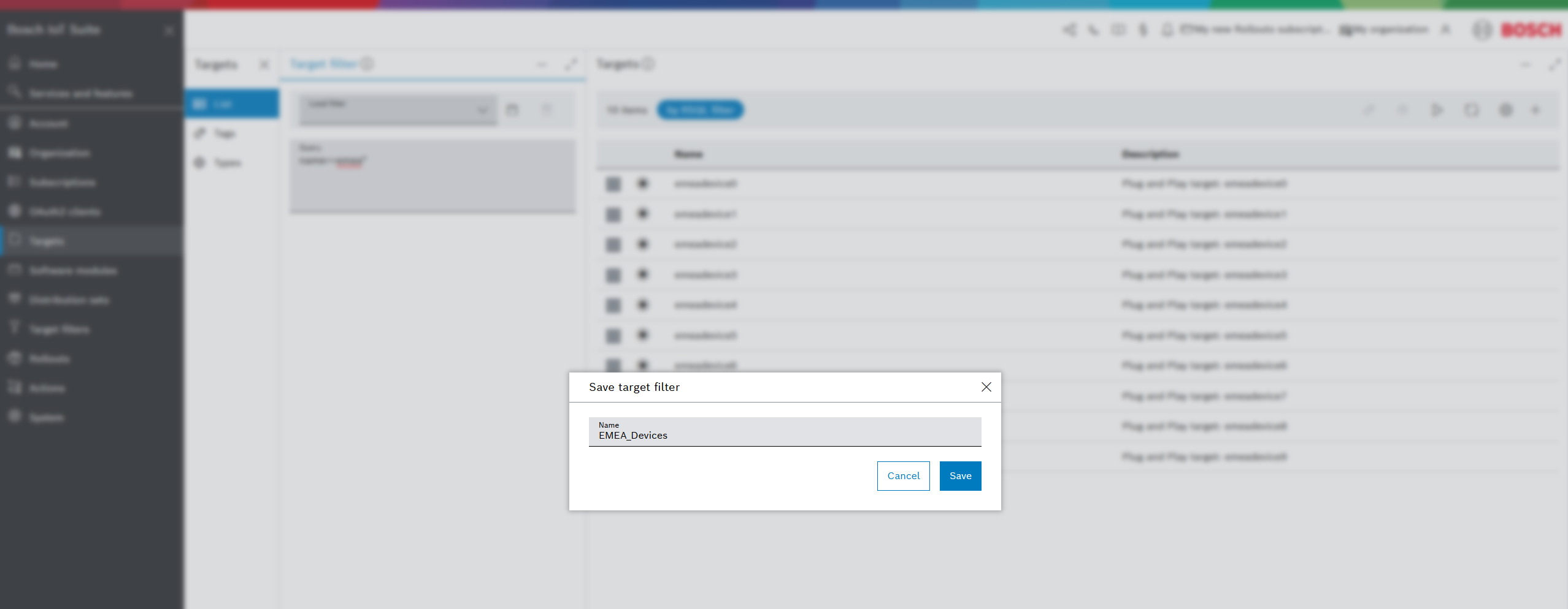 Save target filter dialog with name EMEA_Devices