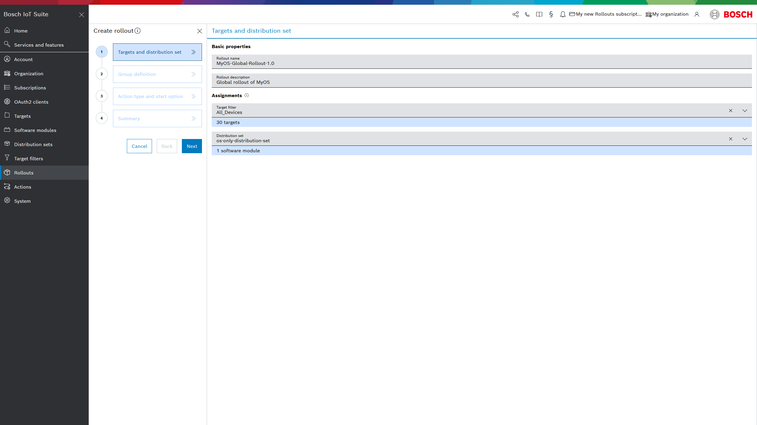 Create rollout wizard, Targets and distribution set step