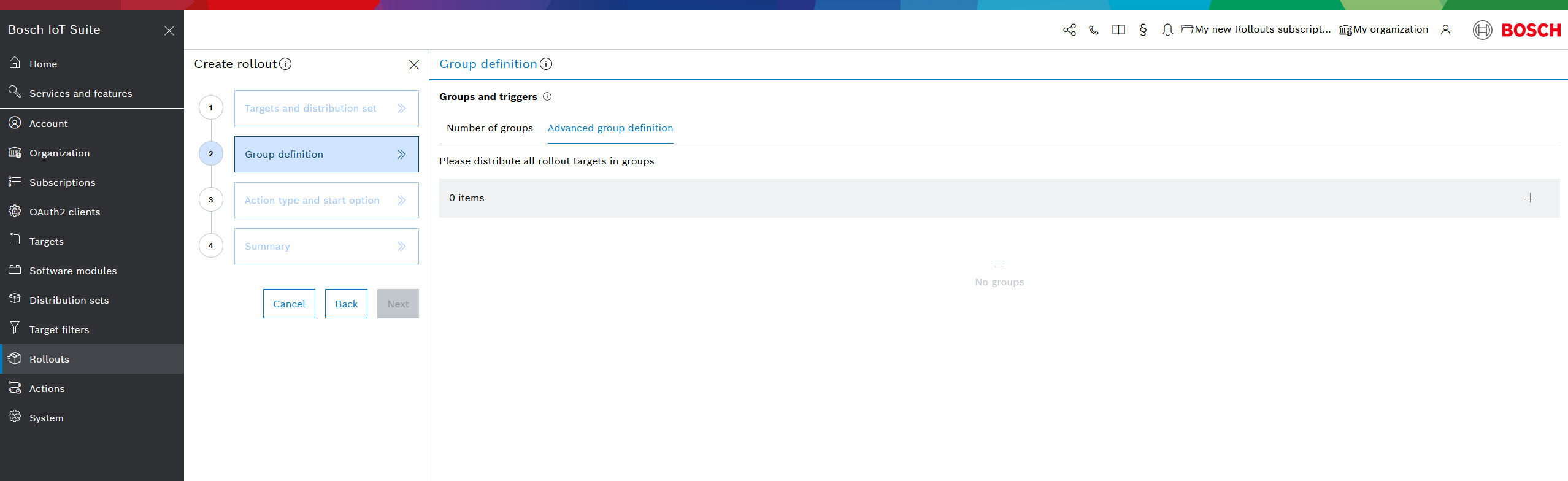 Create rollout wizard, Group definition step with Advanced group definition tab