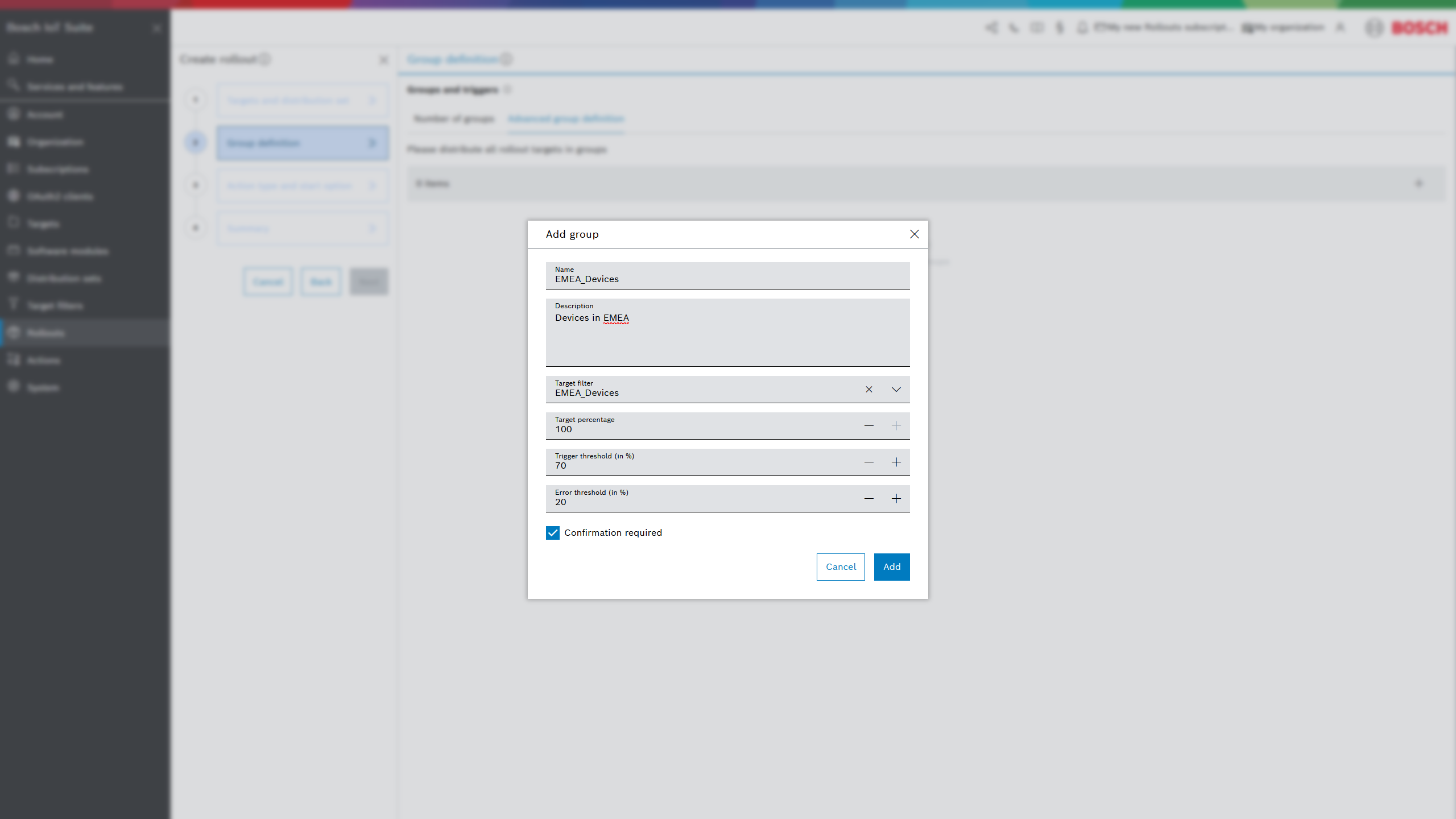 Add group dialog with target filter, thresholds, and Confirmation required checkbox