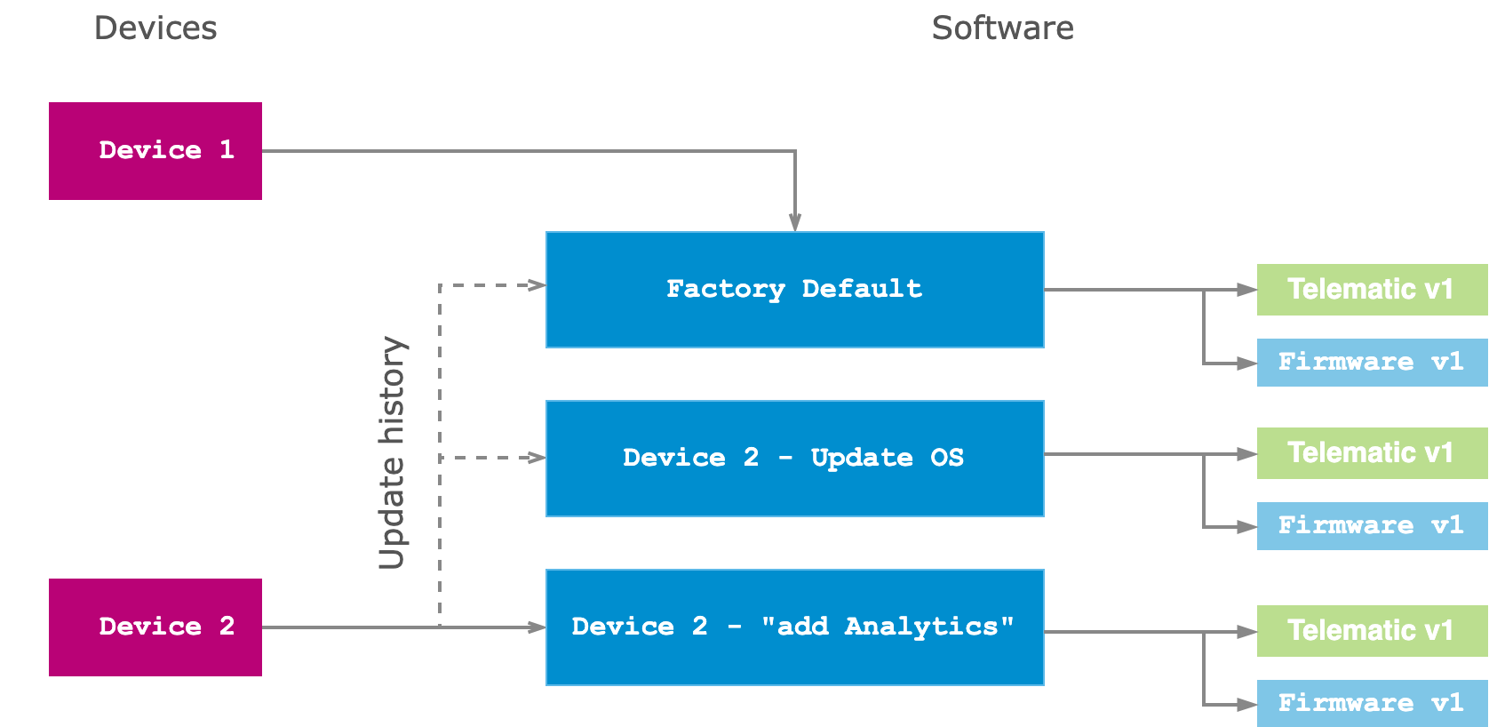 Devices with individually assigned software modules and their update history as separate distribution sets