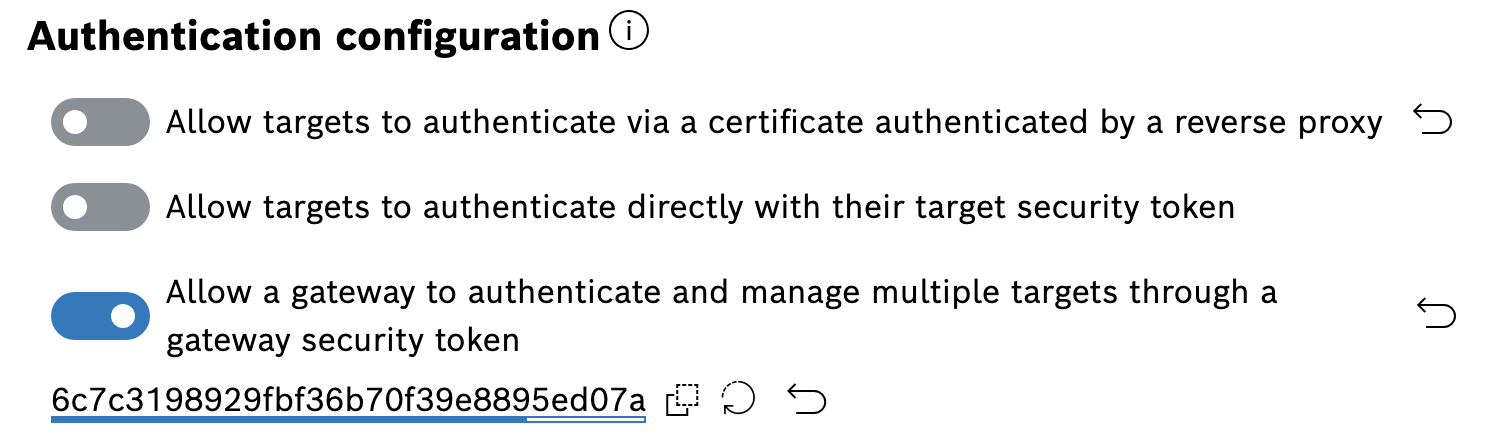 Authentication configuration with the gateway security token option enabled and the token shown