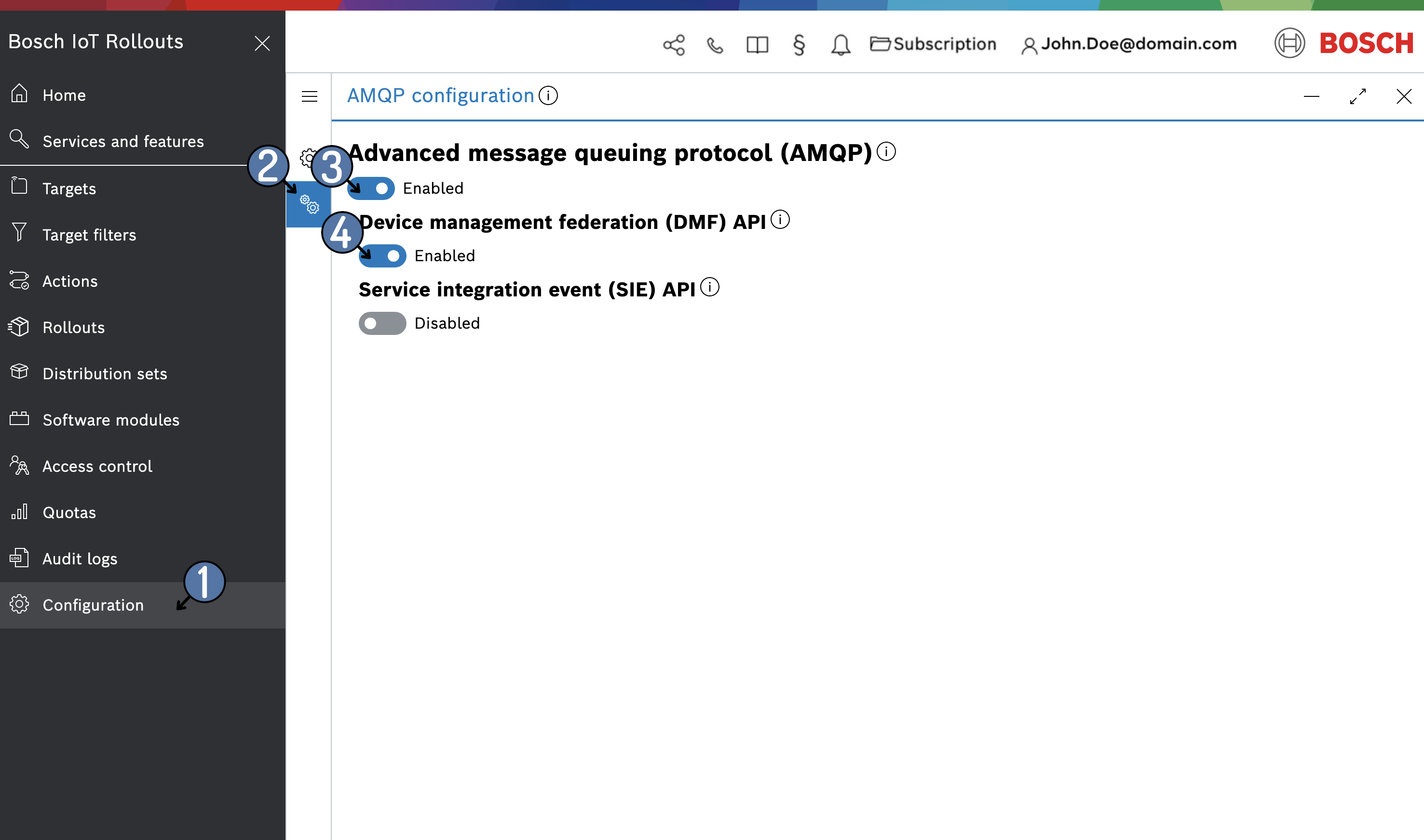 AMQP configuration tab with AMQP and the Device management federation (DMF) API enabled