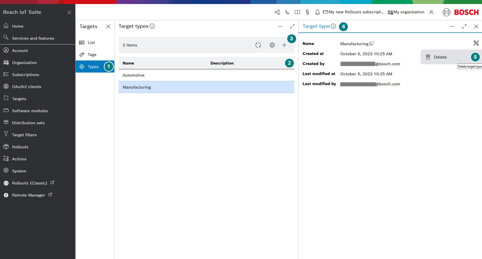 Target type details panel with delete option