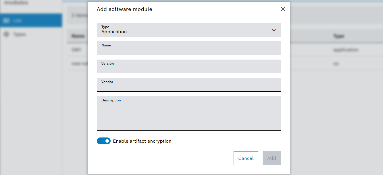 Add software module dialog with Enable artifact encryption toggle