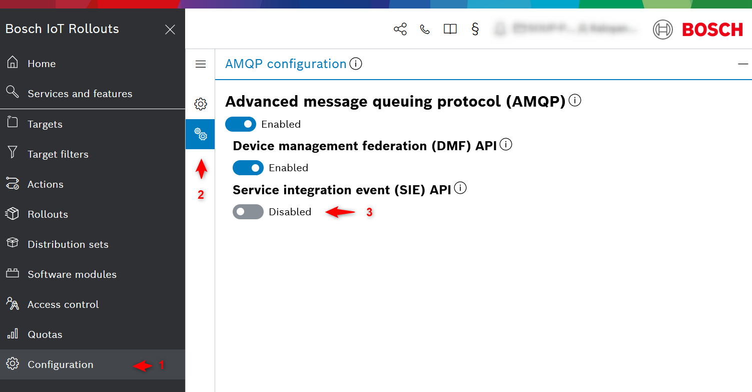 AMQP Configuration tab with the SIE API toggle