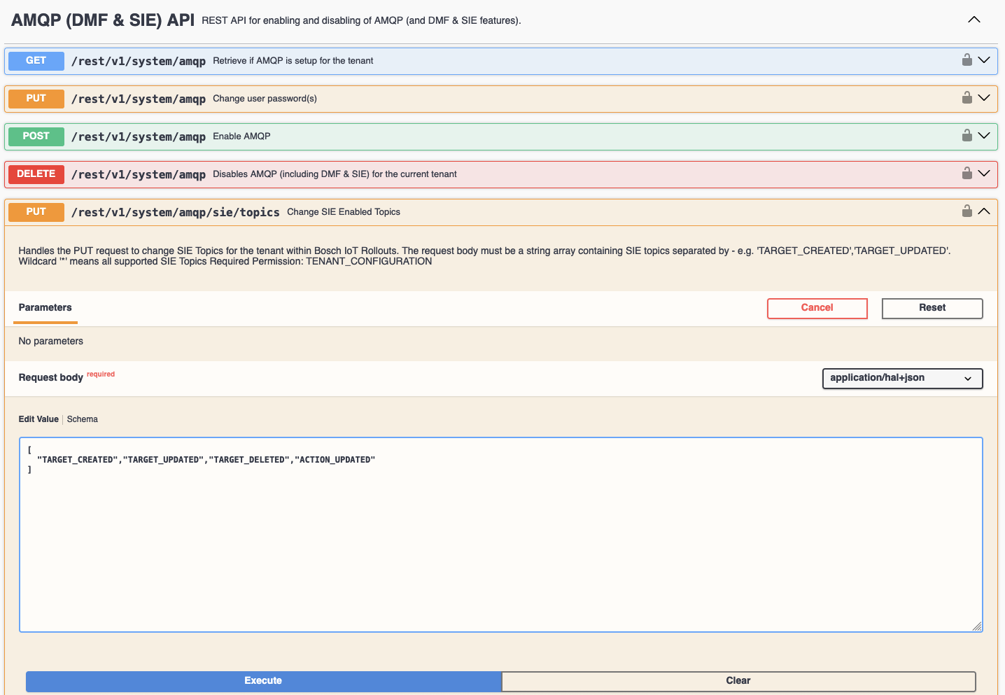 Swagger UI request to change the SIE enabled topics of a tenant