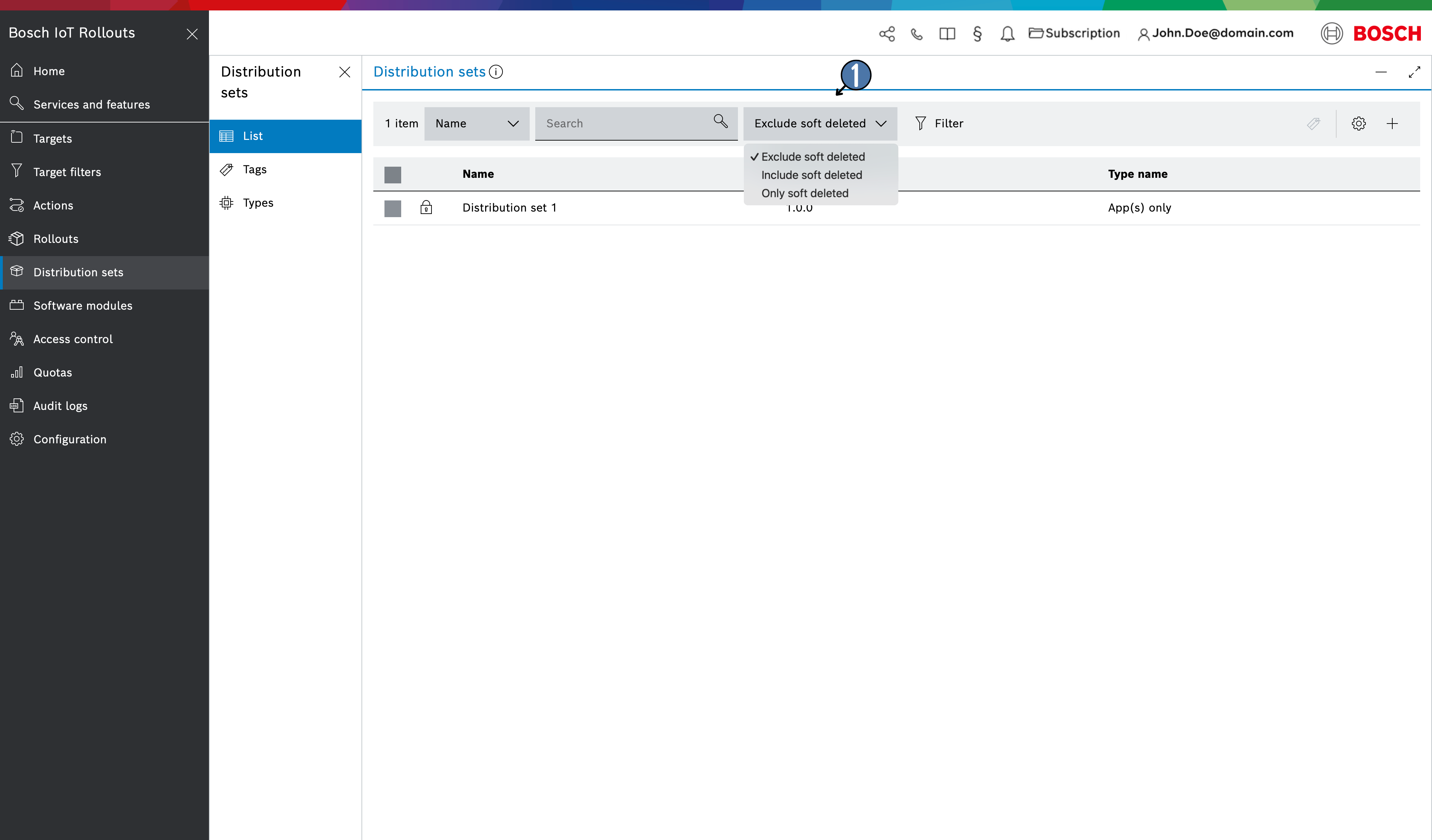 Distribution sets list with the soft deletion selector expanded