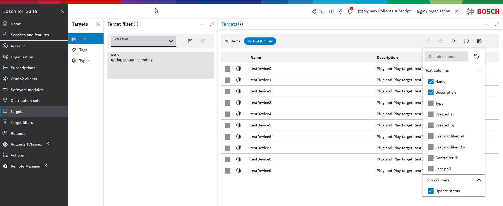 Targets column configuration