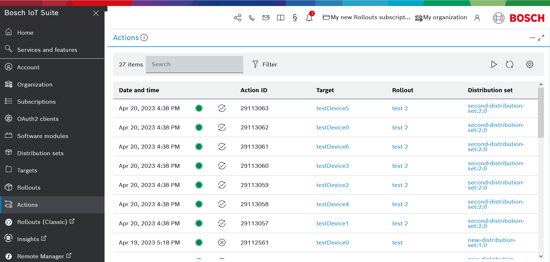 Actions list view