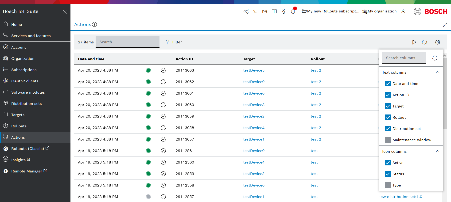 Configure columns dialog