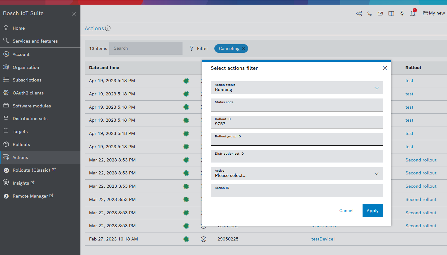 Select actions filter dialog