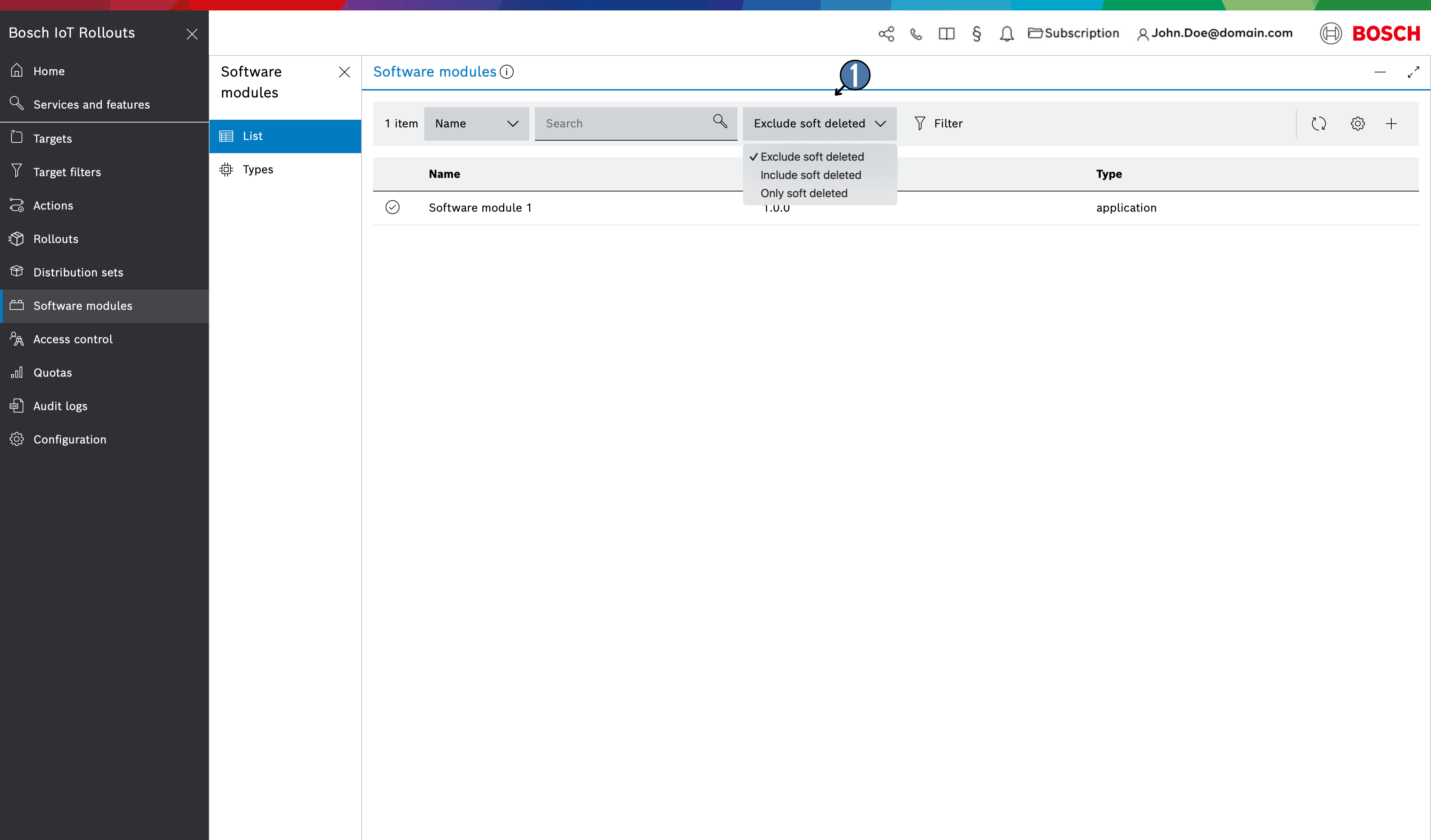 Software modules list with the soft deletion selector expanded