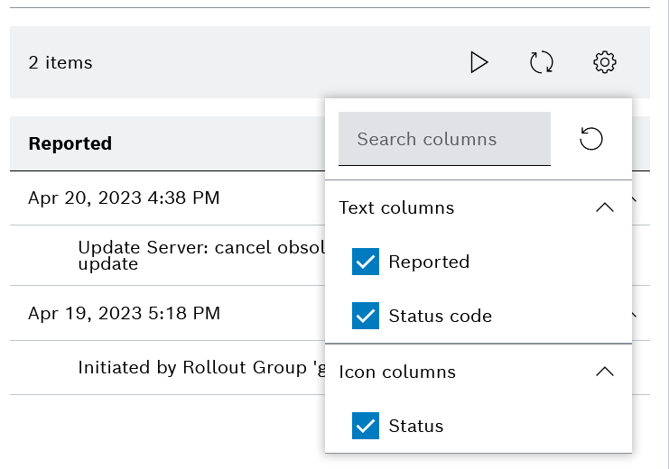 Action state columns configuration dialog