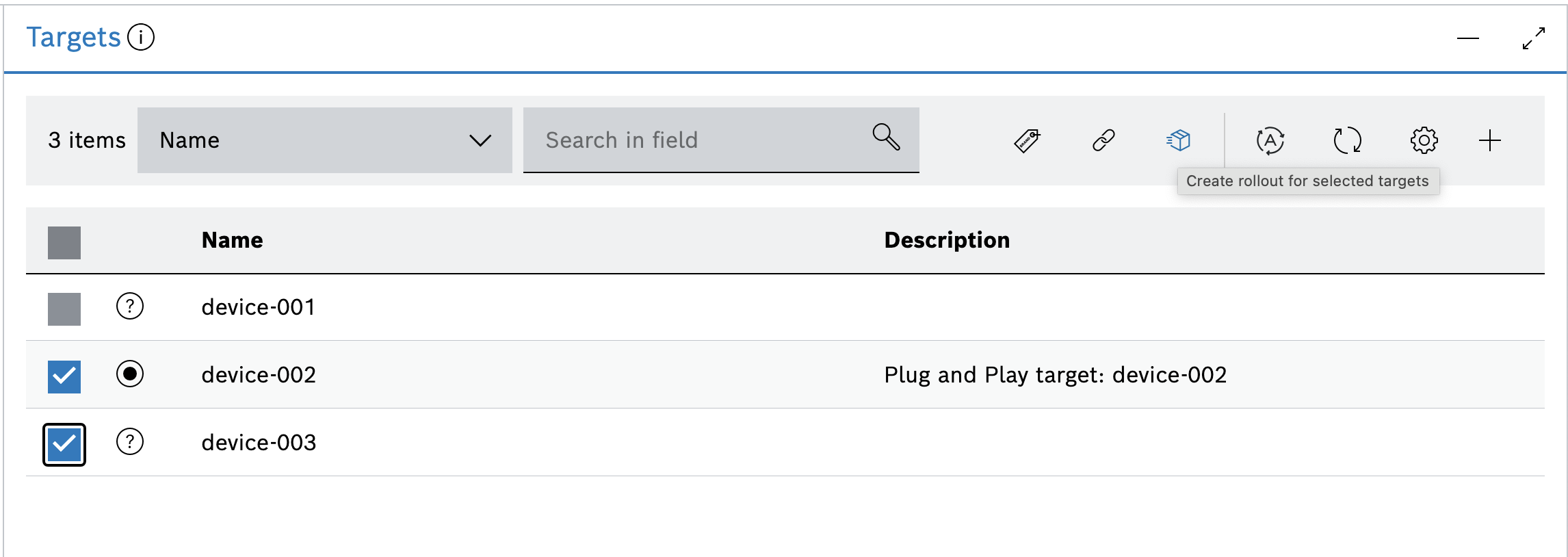 Targets list with two targets selected and the Create rollout for selected targets tooltip