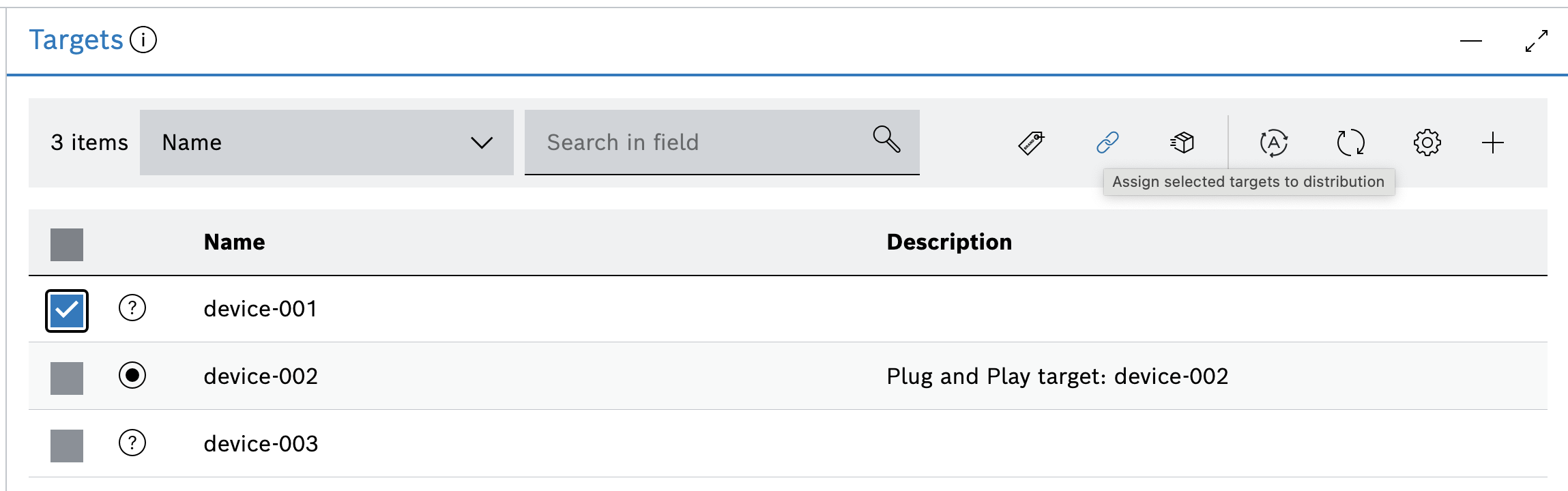 Targets list with one target selected and the Assign selected targets to distribution tooltip