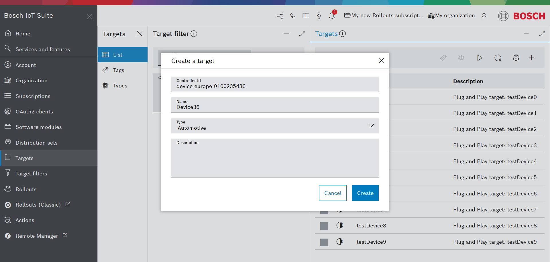 Create target dialog