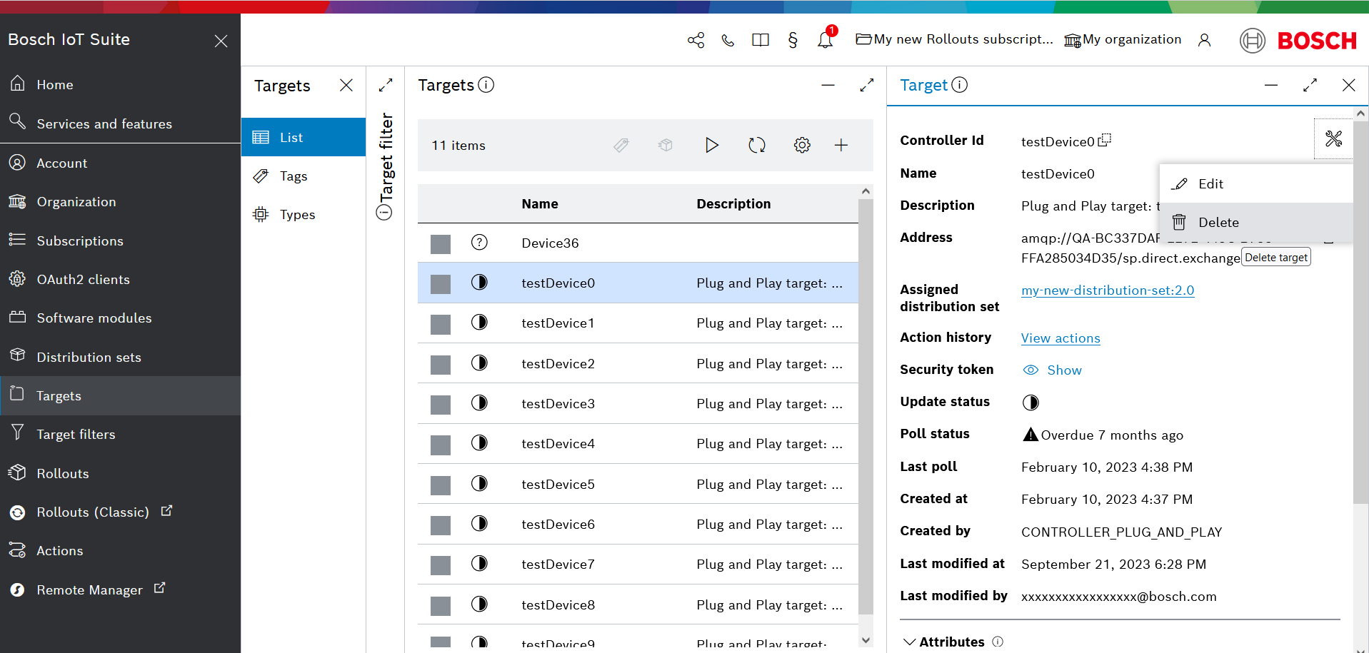 Actions menu with Delete option
