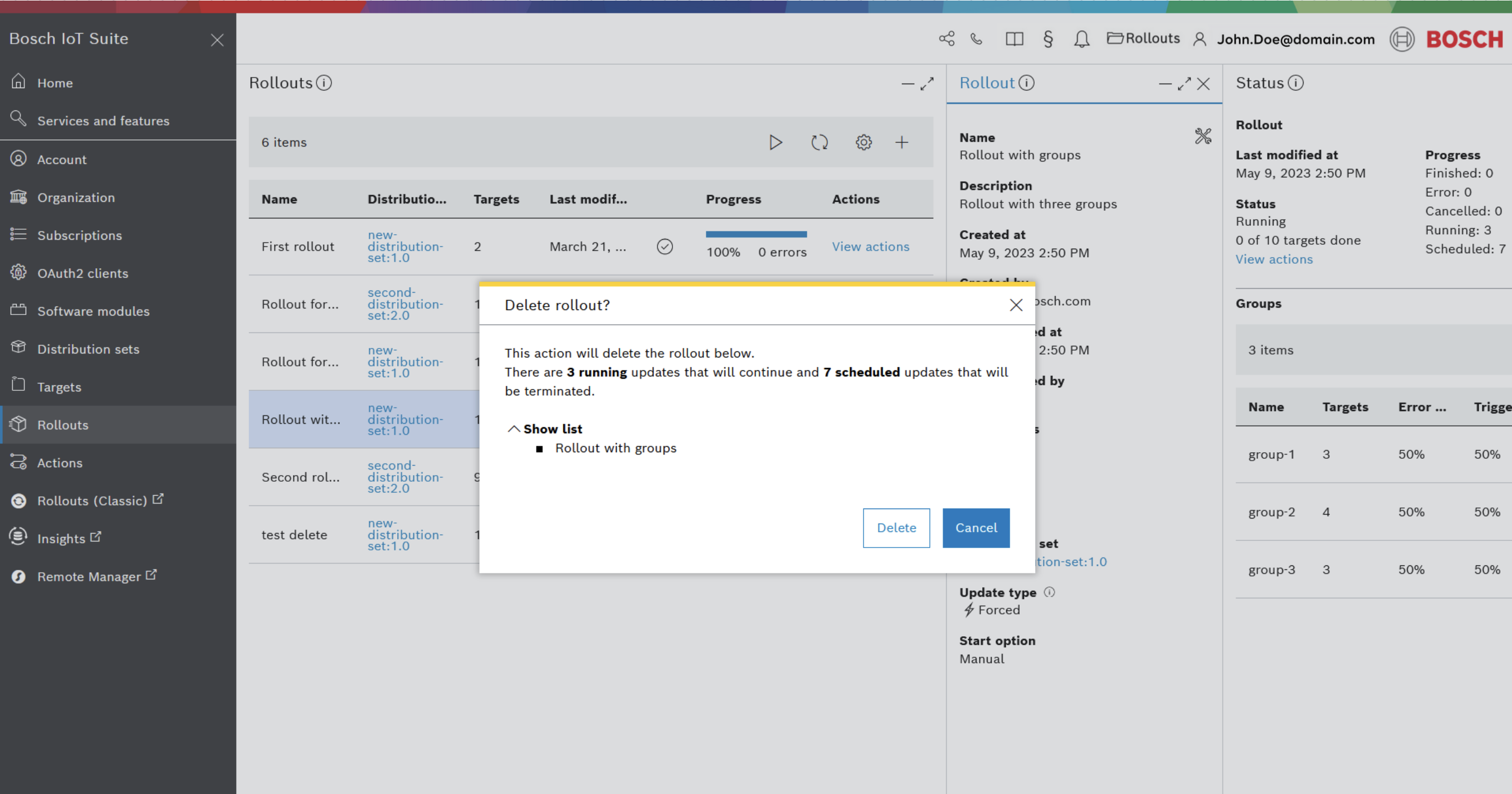 Delete rollout confirmation dialog