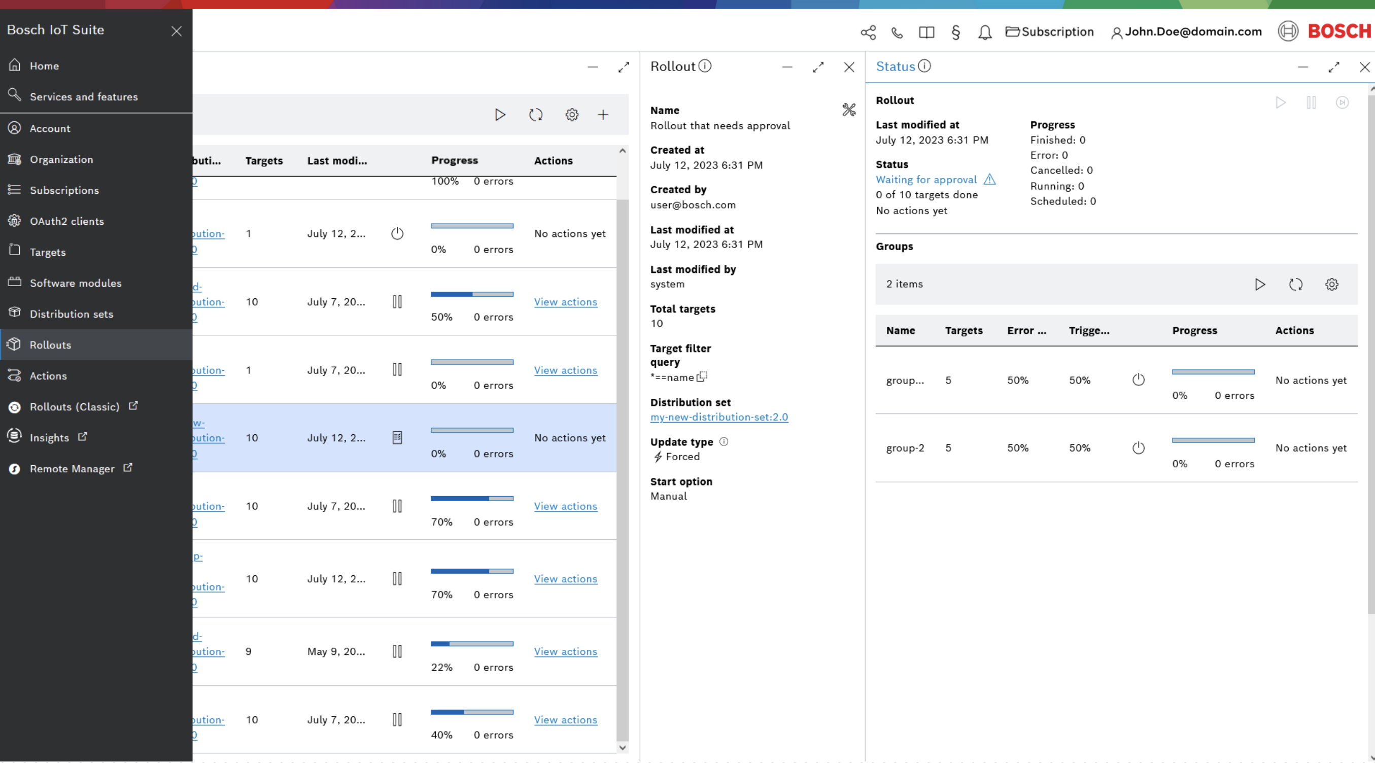 Rollout status view with the Waiting for approval link