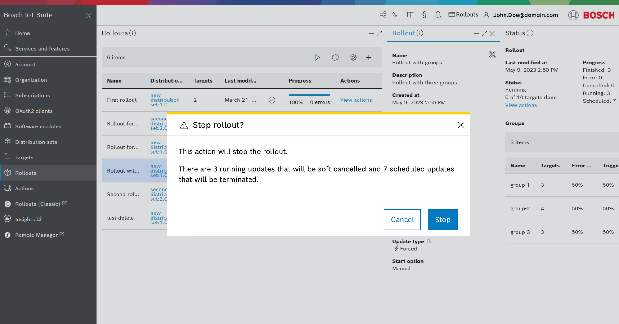 Stop rollout confirmation dialog