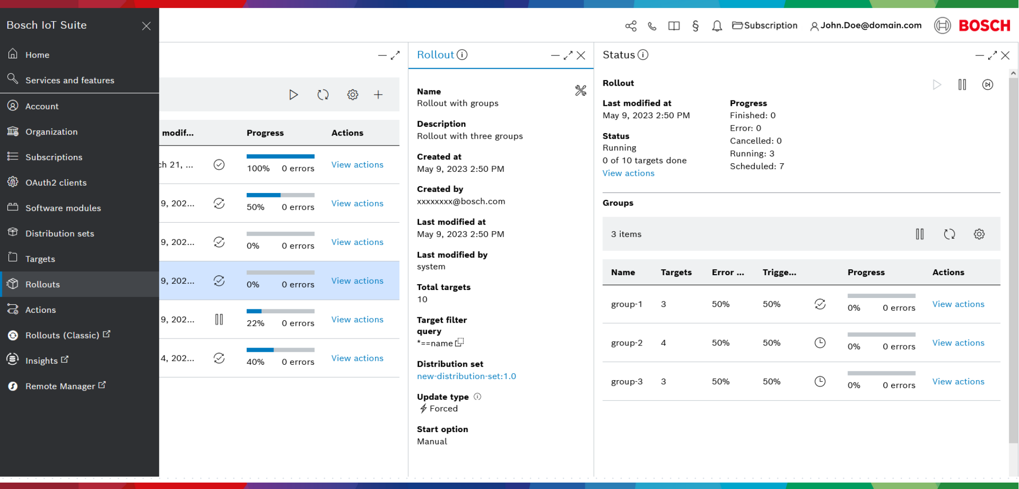 Rollouts list with the Rollout details and Status views showing the groups list