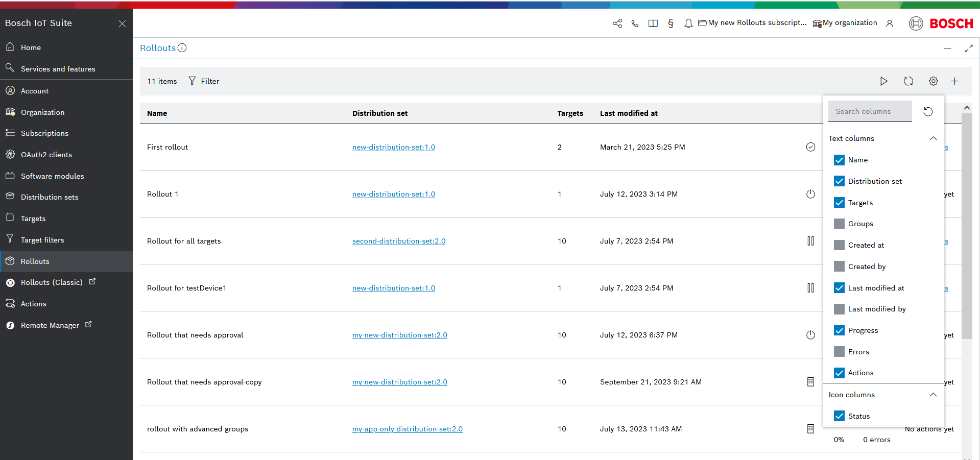 Configure columns menu for the rollouts list