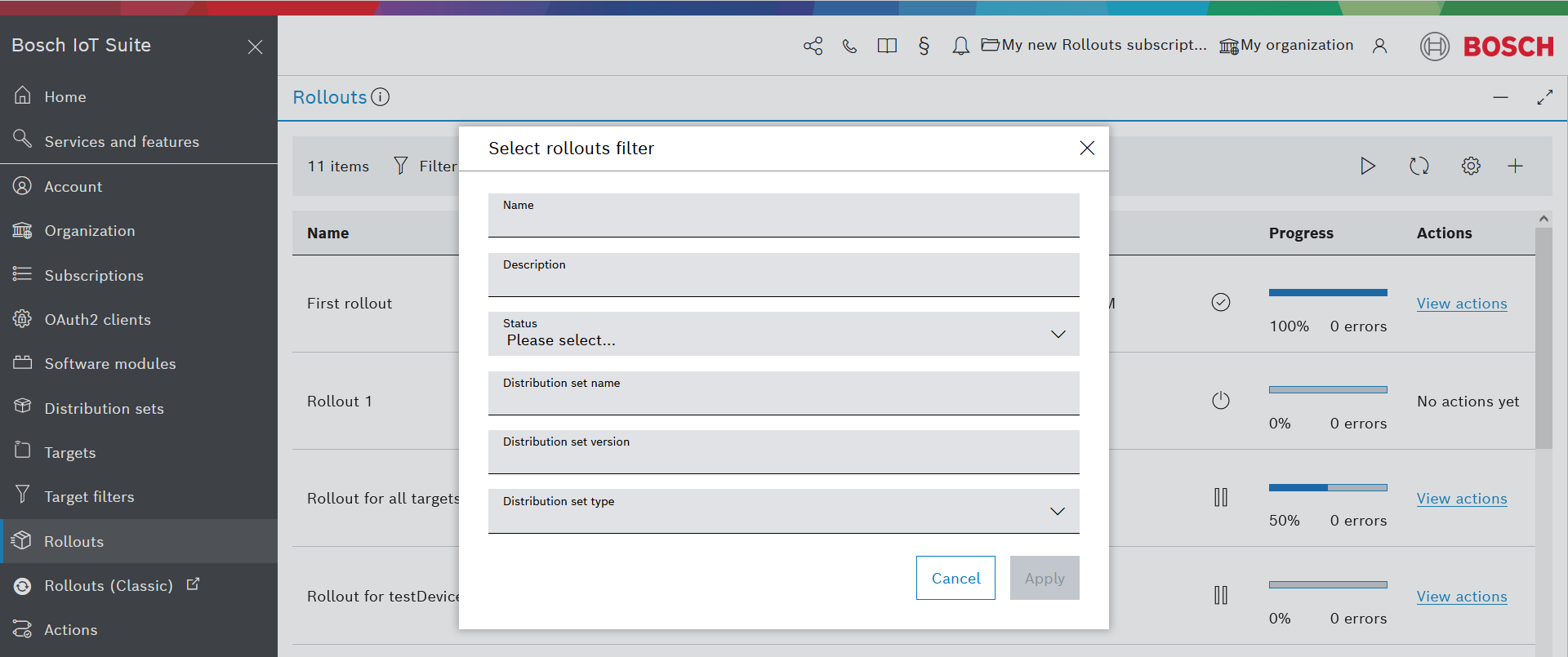 Select rollouts filter dialog