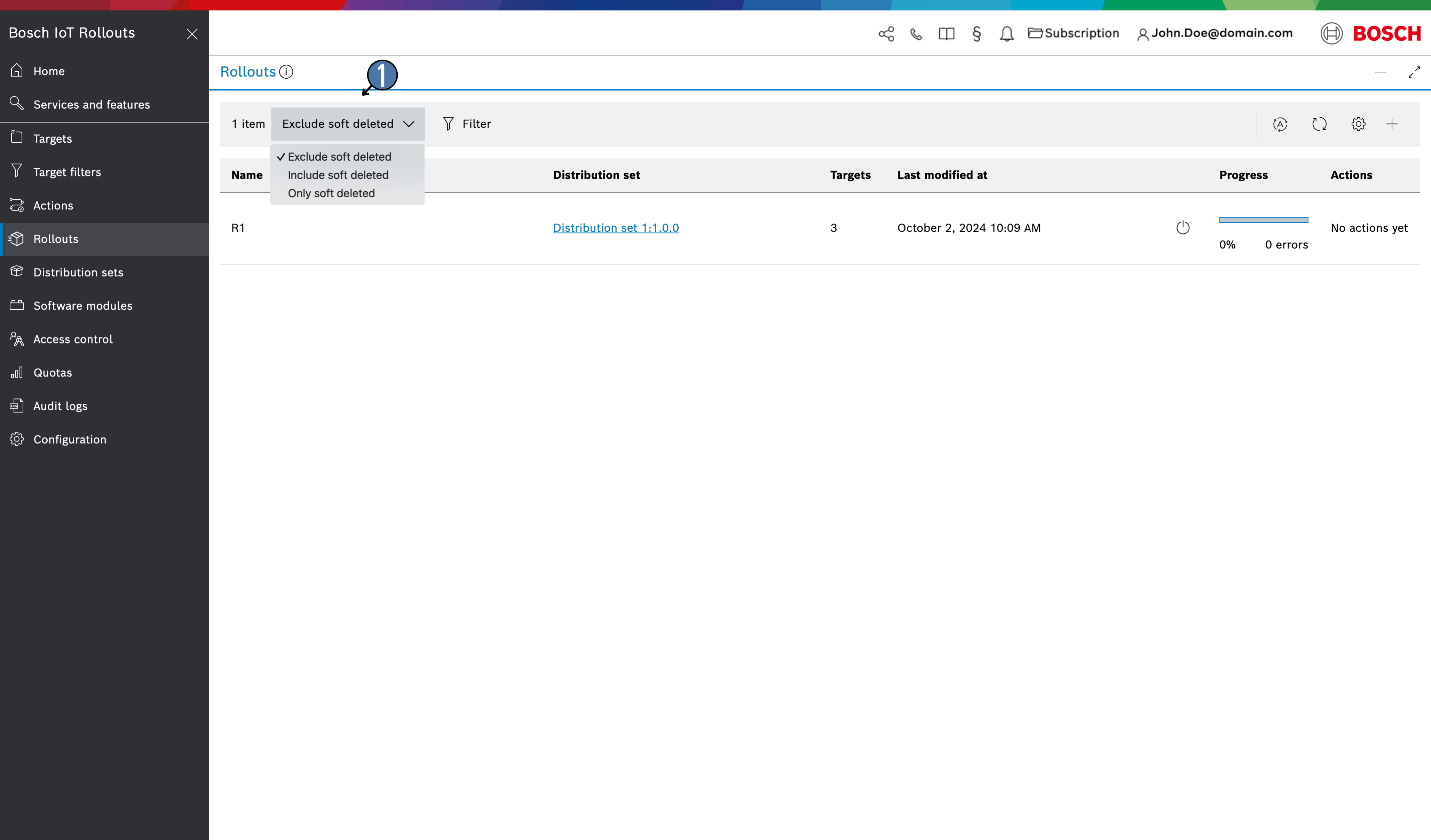 Rollouts list with the soft deletion selector expanded