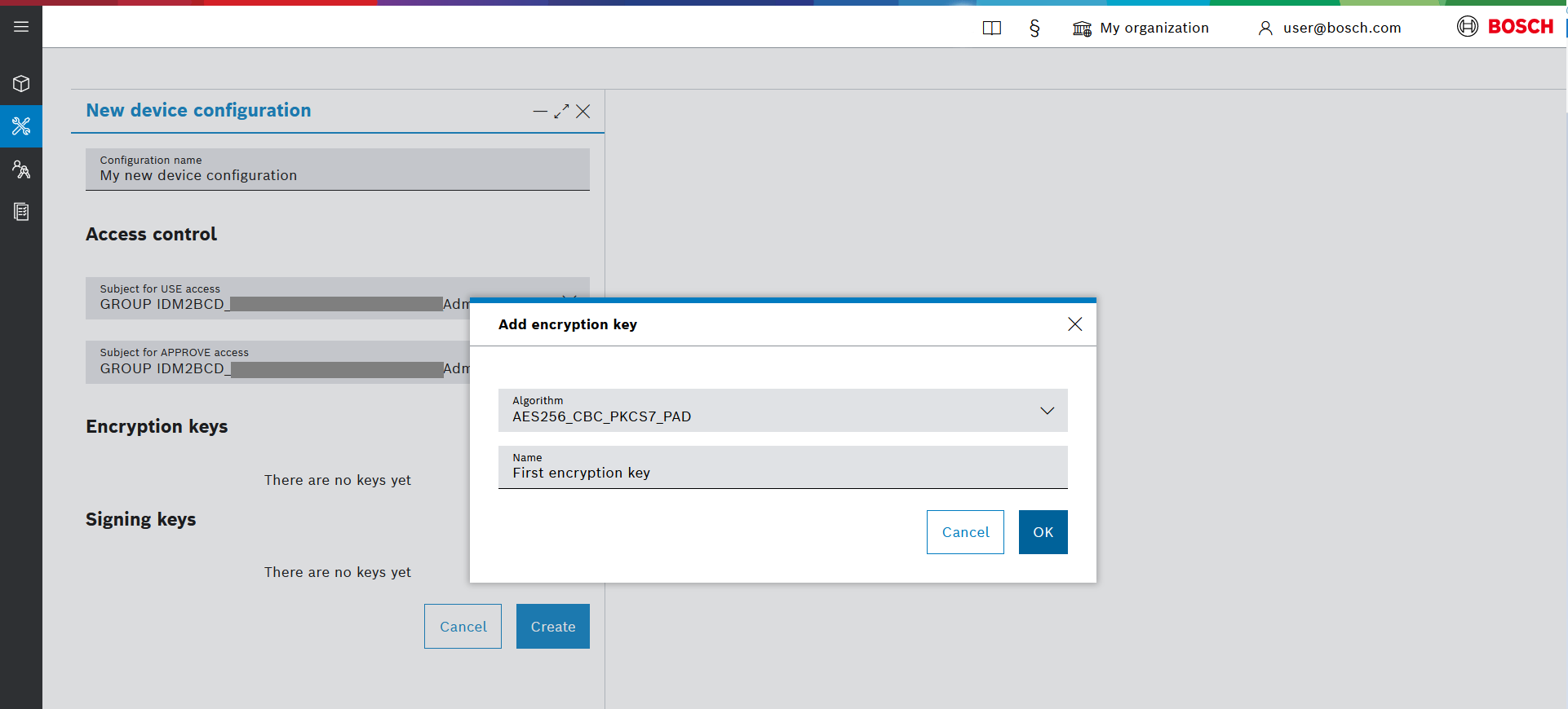 Add encryption key dialog with algorithm and name fields