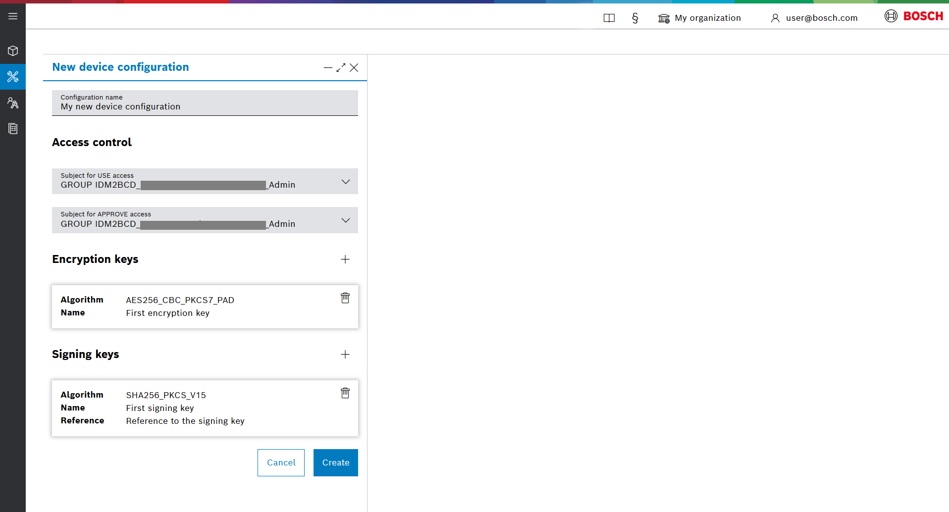 New device configuration dialog with encryption key and signing key added