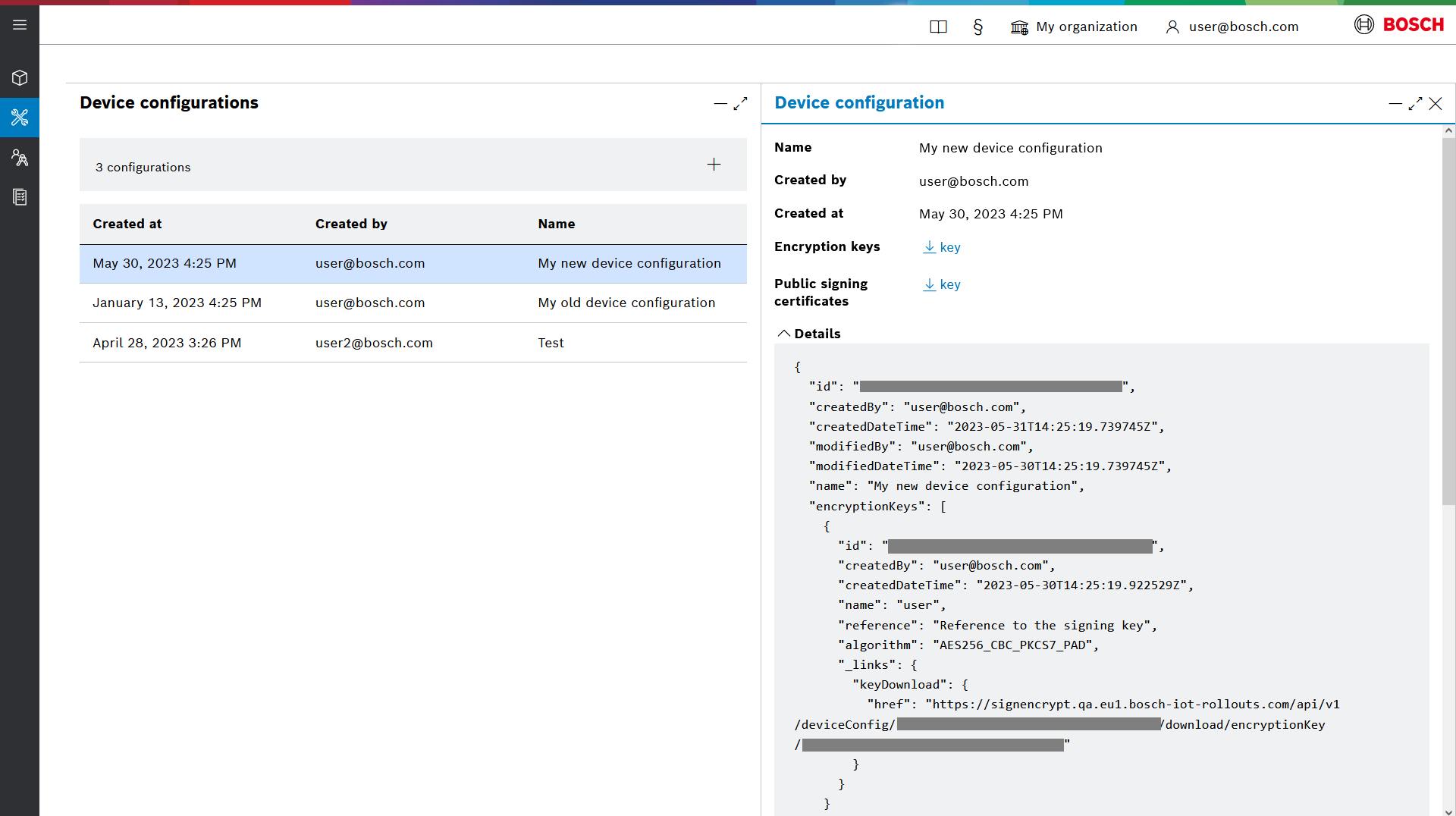 Device configuration details blade with encryption keys, signing certificates and JSON details