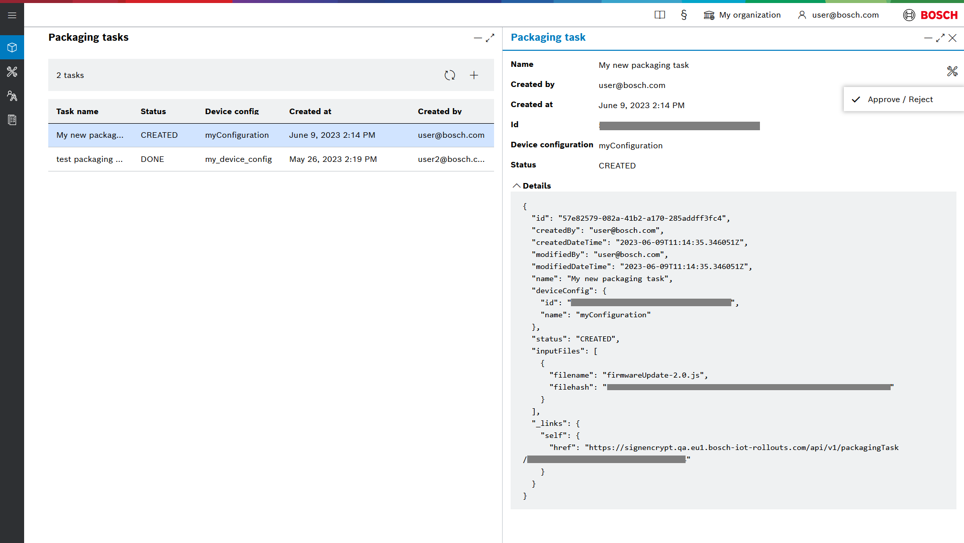 Packaging task actions menu with Approve / Reject option
